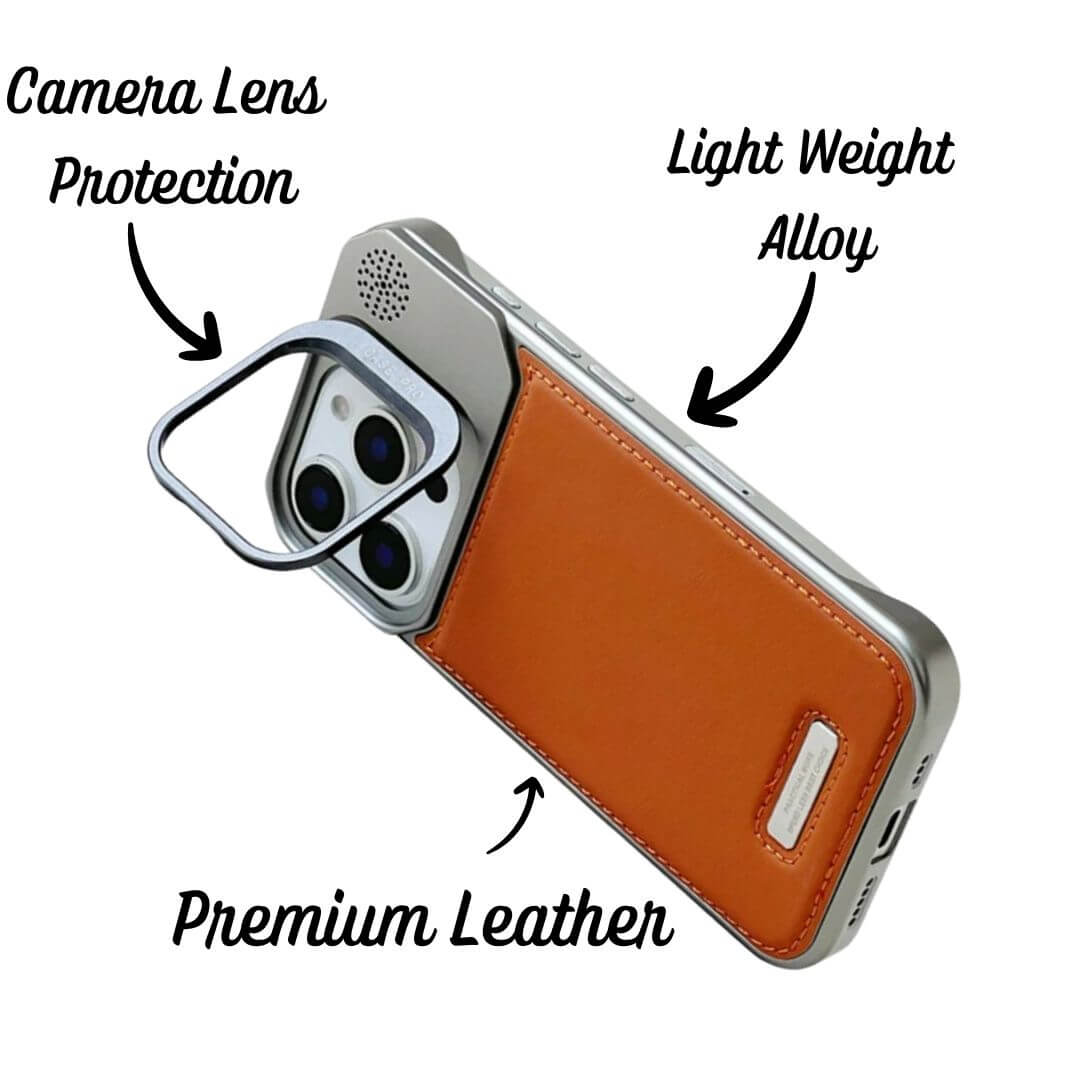 iPhone 16 Case with Premium Leather Design & Alloy Lens Stand - Pejayz
