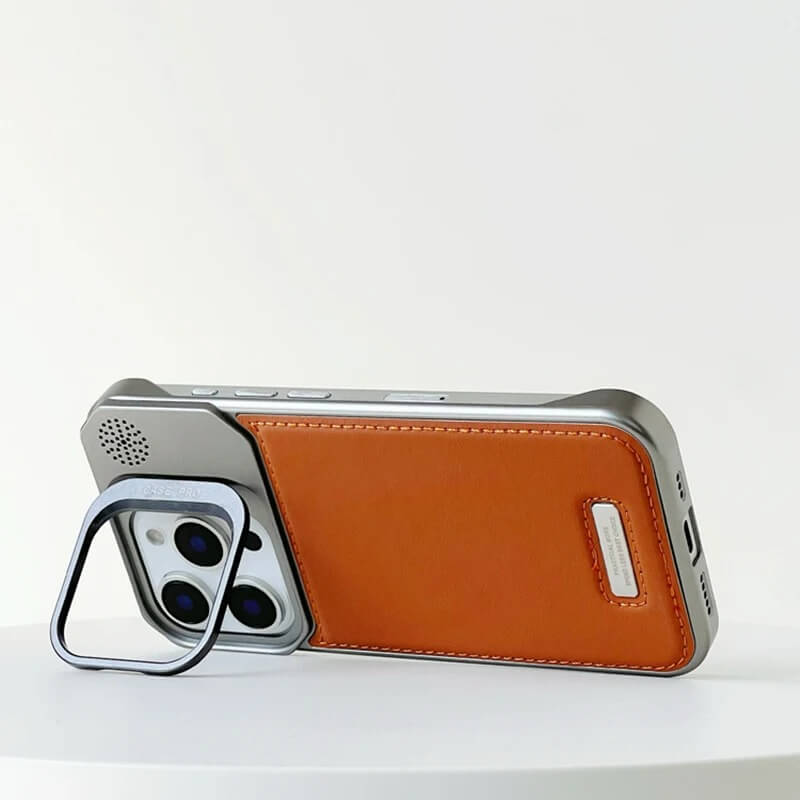 Premium Leather Case For iPhone 16 With Alloy Lens Stand