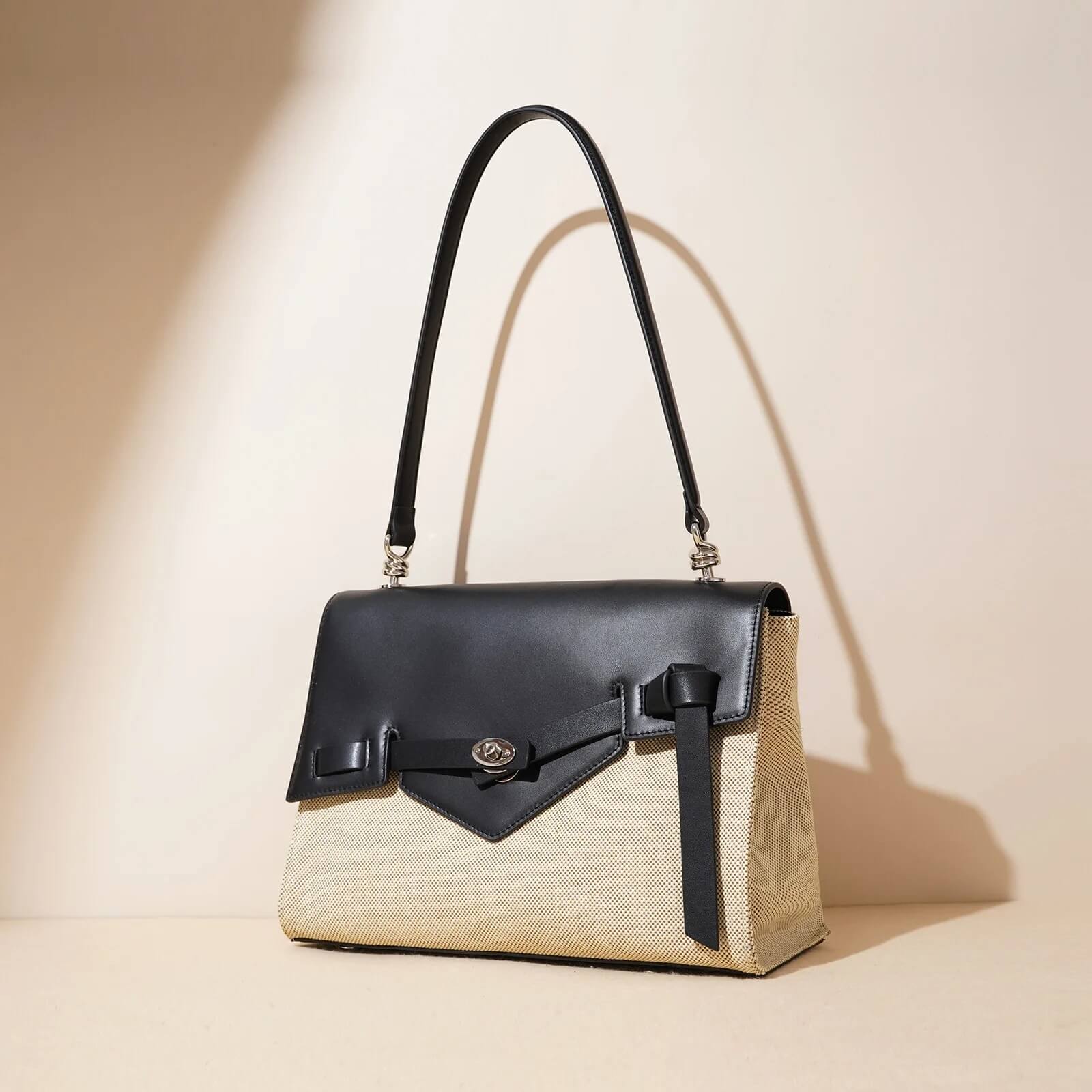 Two-Tone Structured Top Handle Satchel Handbag 